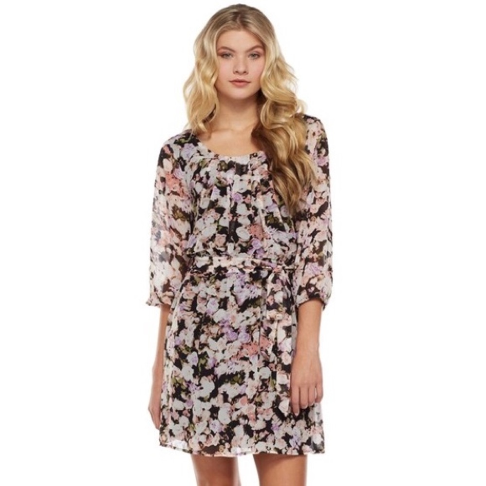 Floral Pink Dress with Fabric Belt Tie Lined Size Small